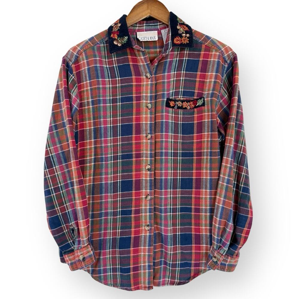 Vtg Casey & Max Plaid Flannel Shirt M Fall Leaves Embroidered Corduroy Collar